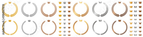 光沢あり・なし　ランキング表示向け月桂冠＆クラウンセット｜金・銀・銅の評価アイコン素材