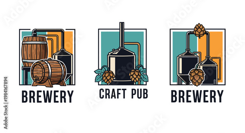 Collection of traditional brewery and craft pub logos featuring wooden barrels, brewing tanks, and hops for beverage branding.