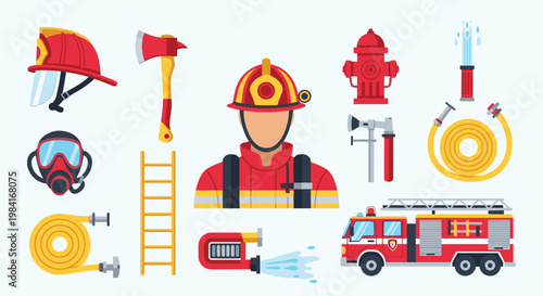 Professional firefighting equipment collection featuring a fireman, fire truck, ladder, hydrants, hoses, and protective safety gear.