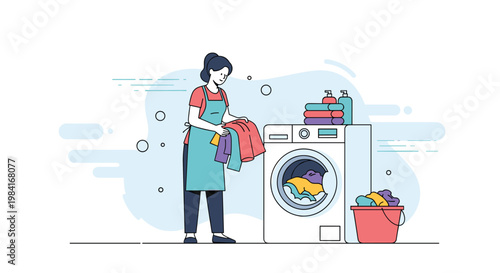 Young woman in an apron loading colorful laundry into a modern front-load washing machine for household cleaning tasks.