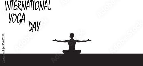 International yoga day celebration with silhouette of a person in a yoga pose and banner