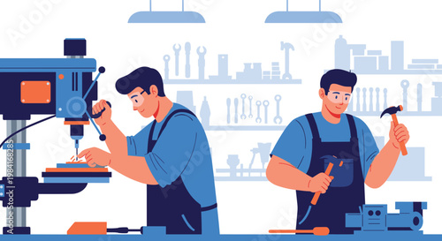 Two skilled male workers operating a drill press and using hand tools in a professional woodworking or metal workshop.