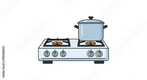 Portable tabletop gas stove with two burners and a stainless steel cooking pot ready for food preparation in a kitchen.