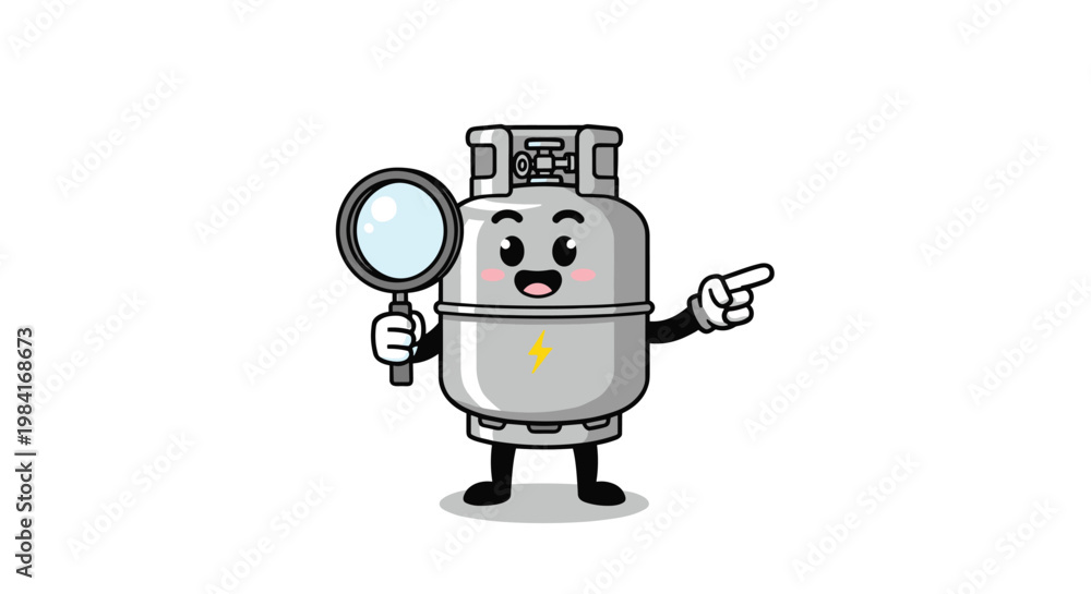 Fototapeta premium Cute cartoon character shaped like a gas cylinder holding a large magnifying glass and pointing towards a target or discovery.