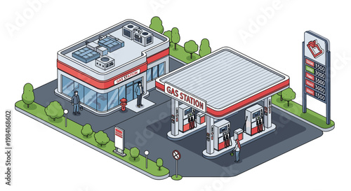 Isometric illustration of a modern gas station facility with fuel pumps, a convenience store, and a large price display board.