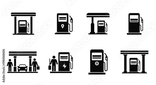 Collection of black icons representing gas station services, electric vehicle charging, and fuel pumps for transportation.