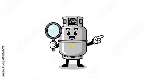 Cute cartoon character shaped like a gas cylinder holding a large magnifying glass and pointing towards a target or discovery.