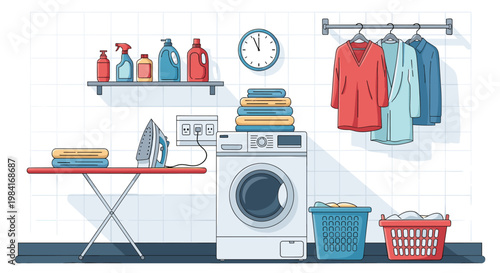 Modern domestic laundry room with a front-loading washing machine, ironing board, detergents, and baskets for clothes.