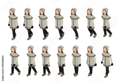 Inuit Girl Walking Isometric Animation Frame Sequence