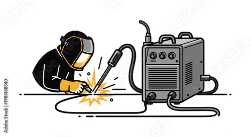 Professional welder wearing a protective mask and gloves while working on a metal project with bright sparks flying.