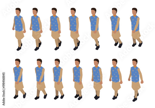 Indian Man Walking Isometric Animation Frame Sequence
