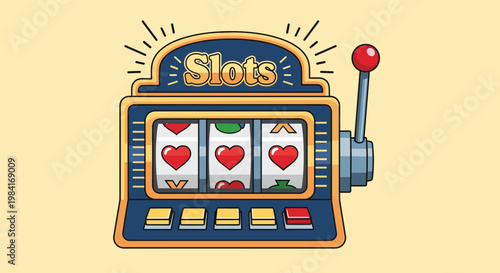 Classic slot machine labeled Slots featuring heart symbols on the reels and a red lever set against a yellow background.
