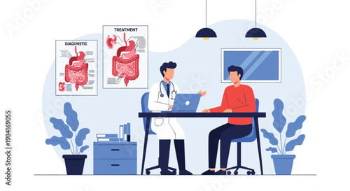 Medical consultation between a doctor in a white coat and a patient with diagrams of the human digestive system on the wall.