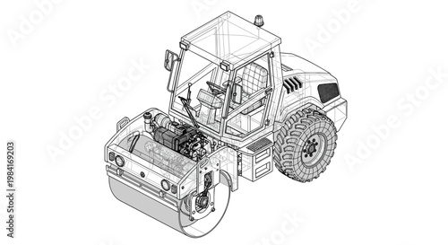 Detailed wireframe or technical blueprint of a heavy-duty industrial road roller construction machine from a perspective view.