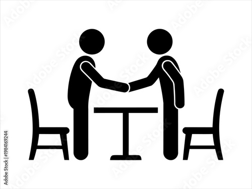 Business handshake between two people at a table with chairs, agreement icon