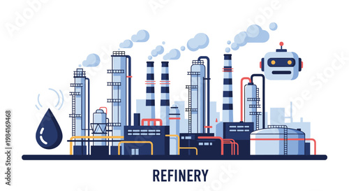 Large scale oil refinery complex with multiple towers, storage tanks, and a floating robot icon for automated monitoring.