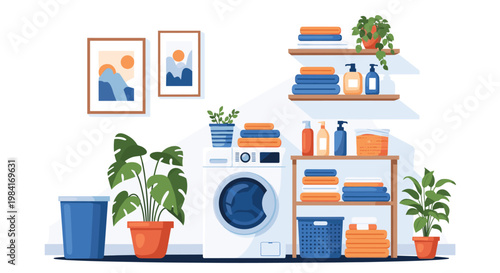 Modern well organized laundry room interior featuring a washing machine, shelves, cleaning supplies, and indoor plants.