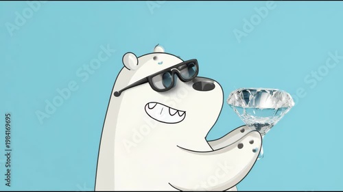 Cartoon polar bear wearing sunglasses holds a sparkling diamond in its paws against a light blue background, showcasing a playful and whimsical character expression