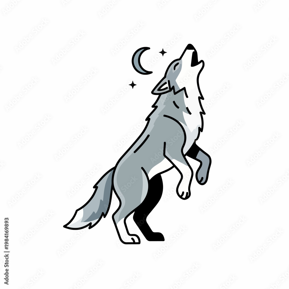 Fototapeta premium A stylized illustration of a wolf howling at the moon under a starry sky