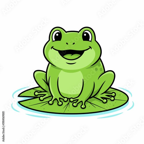 Cheerful cartoon frog sitting on a lily pad, smiling at the viewer with a friendly expression, surrounded by gentle ripples of water