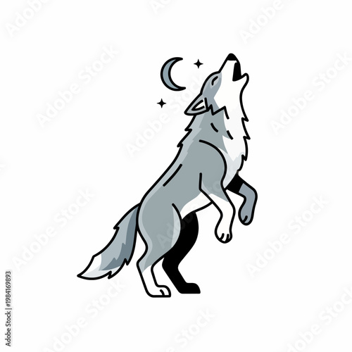 A stylized illustration of a wolf howling at the moon under a starry sky