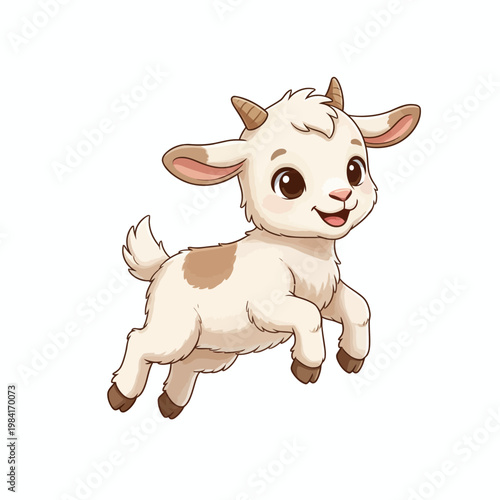 A cute cartoon baby goat jumping with joy and energy, featuring a playful and innocent expression
