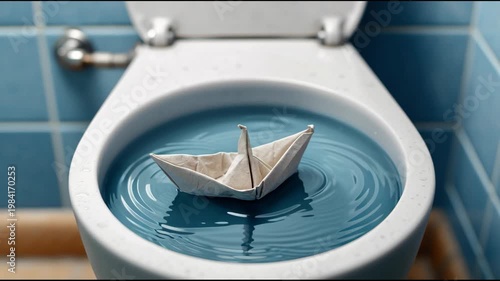 Paper origami swan boat floats on blue water in a toilet bowl, ripples forming around it, with tiled bathroom wall visible in the background
