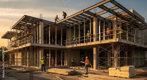 A construction site with workers building a large, multi-story building with scaffolding and a partially completed roof
