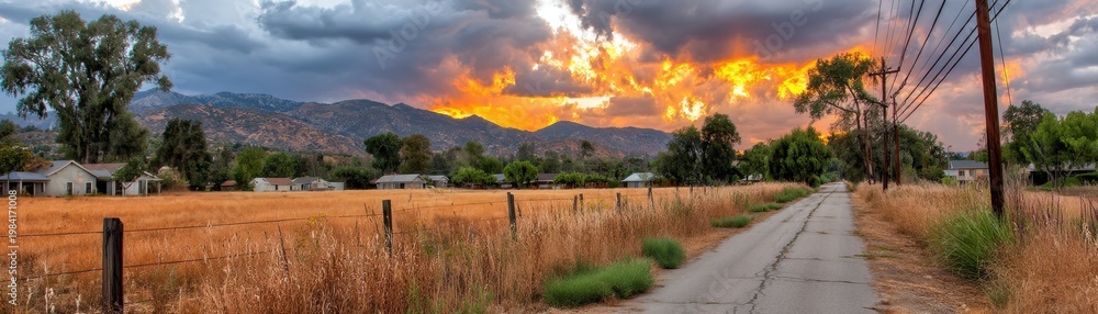 Fototapeta premium Rural country road with golden fields and dramatic sunset over mountains