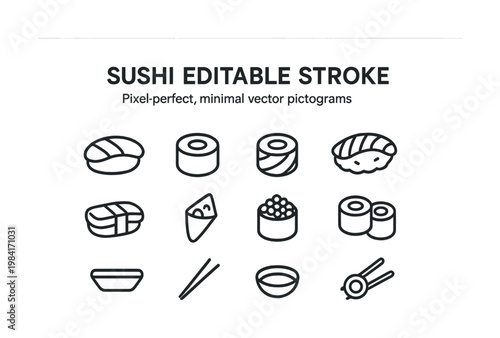 Minimalist sushi icons set with editable stroke for japanese cuisine designs