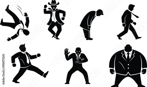 Vector collection of minimalist black and white icons featuring businessmen in various poses like falling walking bowing dancing and defensive stance isolated on white