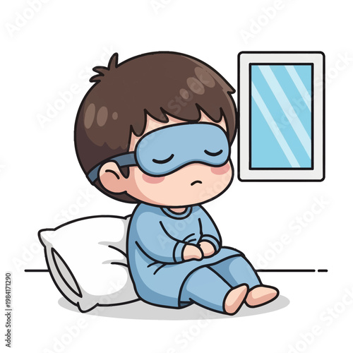 Cute chibi boy character sitting and resting with a blue sleep mask and light blue pajamas leaning on a white pillow next to a window, vector illustration on white background.