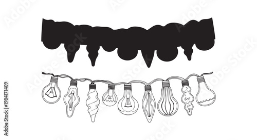 Various shaped christmas string lights and icicle garland. holiday decoration elements isolated on white.