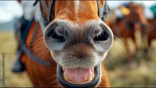 Close-up of brown horse's nose with visible nostrils and whiskers, surrounded by blurred horses in a natural outdoor setting under bright daylight