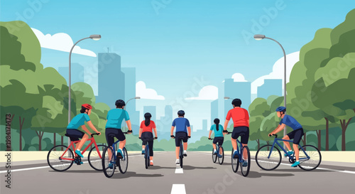 Flat vector illustration of a group of diverse cyclists wearing helmets and athletic jerseys riding bicycles on a paved road through an urban park with city buildings behind trees.