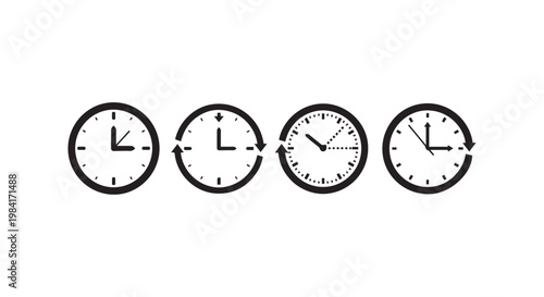 Four clock icons, showing different times and time passage, symbolizing time management and schedule.