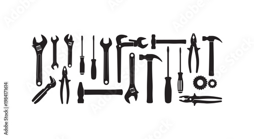 Collection of black silhouette tools and hardware, vector illustration.