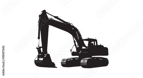 Black silhouette of a large excavator construction machine, vector illustration.