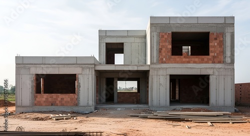 A large unfinished house under construction with exposed brick and concrete walls