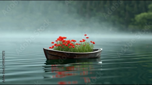 Wooden boat filled with vibrant red flowers floats serenely on calm water, surrounded by misty forest landscape reflecting in the tranquil lake