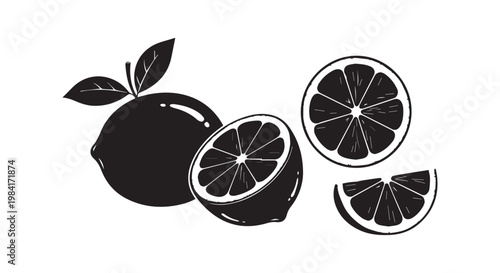Fresh lemons whole and sliced with leaves shown in black and white illustration style on white background.