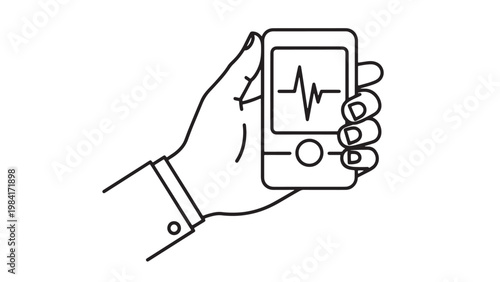 Human hand holding a portable medical device displaying an electrocardiogram (ECG) heart rate waveform, illustrating health monitoring technology in line art style.