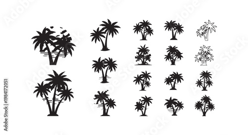 Tropical palm trees silhouette group, exotic island vegetation, summer vacation and travel theme, vector illustration.