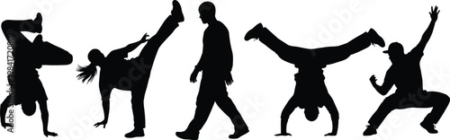 Vector collection of minimalist black and white icons featuring male and female breakdancers in various energetic hip hop dance poses isolated on white background