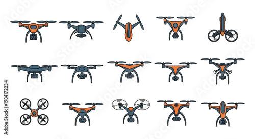 Vector illustration set featuring fifteen distinct drone and unmanned aerial vehicle icons including quadcopters with mounted cameras, various rotor configurations and frames in orange and gray.