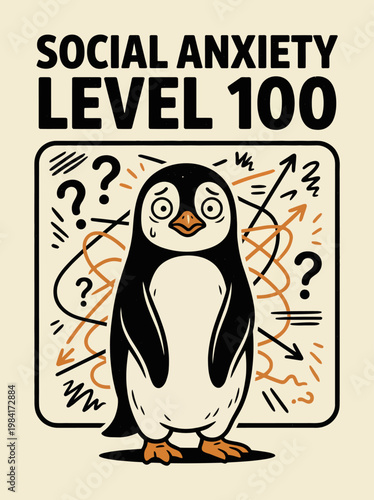 Cartoon Penguin with Anxiety Expression.