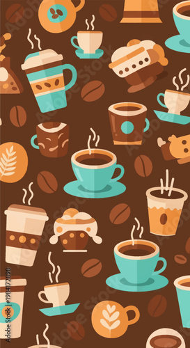 Flat design vector illustration of various coffee cups, espresso mugs, takeaway containers, and steaming beverages with coffee beans, latte art, and pastries on dark brown background.