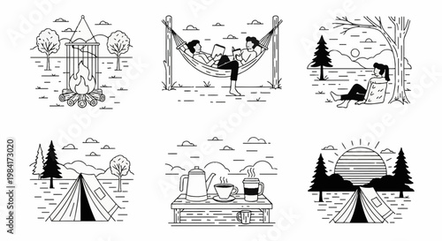 Set of six minimalist black and white line art illustrations depicting outdoor activities, featuring a campfire, two people in a hammock, a person under a tree, a tent, and coffee pots.