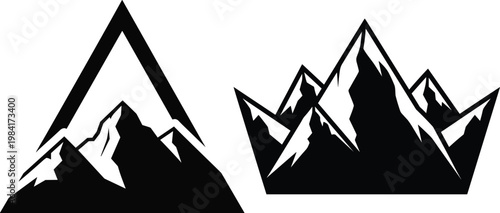 Black and white mountain peaks and summit icons for outdoor adventure and hiking branding design