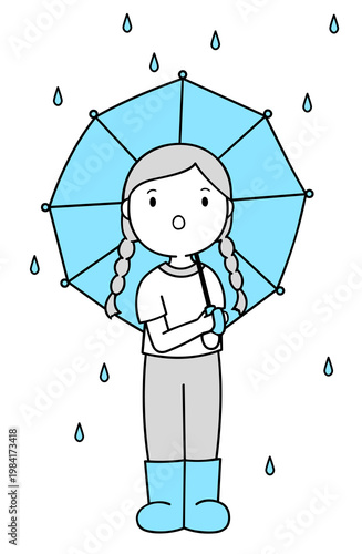 Girl holding blue umbrella and wearing blue boots transparent background